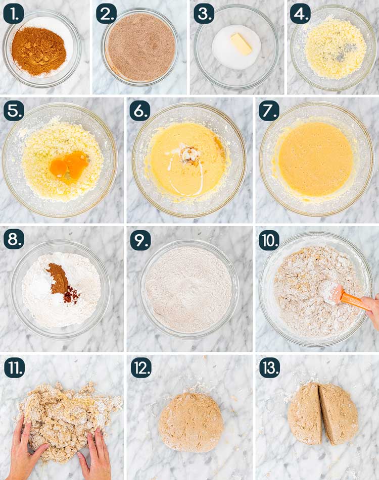 process shots showing how to make the dough for apple cider donuts