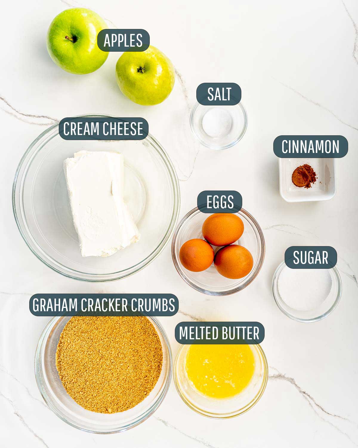 ingredients needed to make apple pie cheesecake bars.