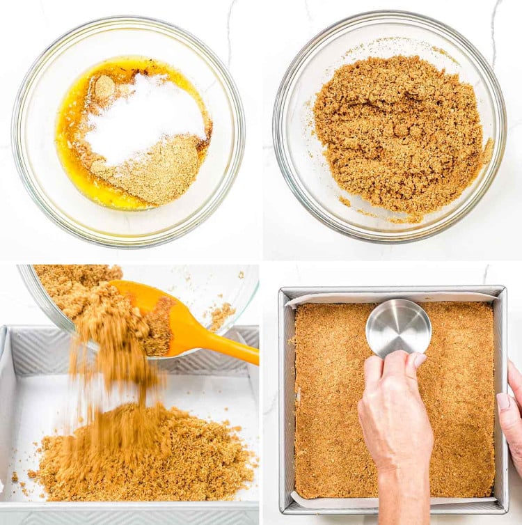 process shots showing how to make the crust for apple pie cheesecake bars.