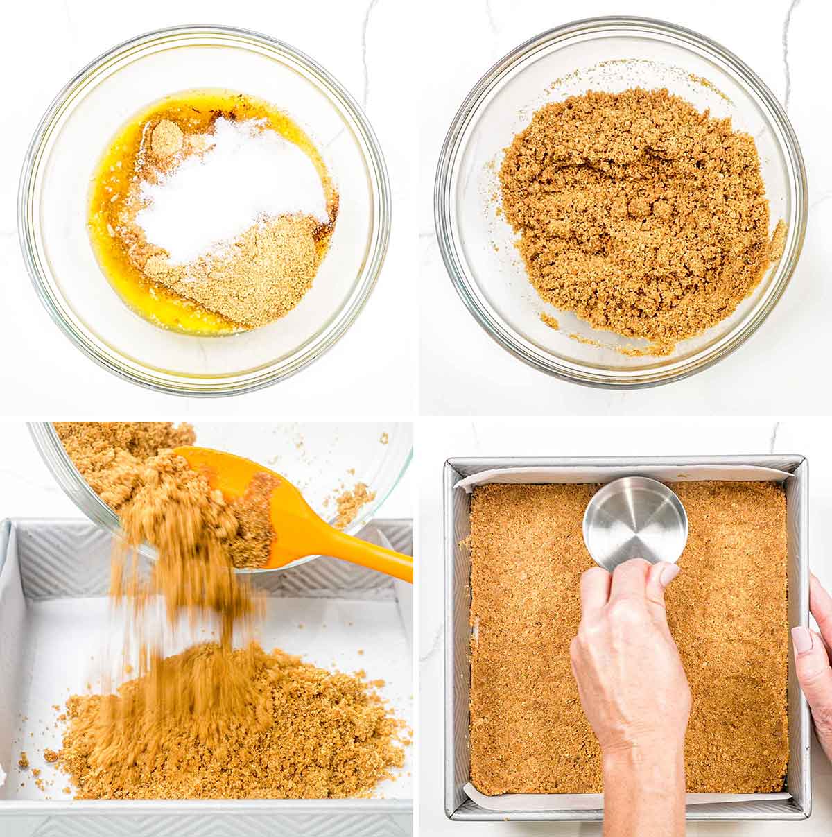 process shots showing how to make the crust for apple pie cheesecake bars.