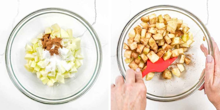 process shots showing how to make apple pie filling for apple pie cheesecake bars.