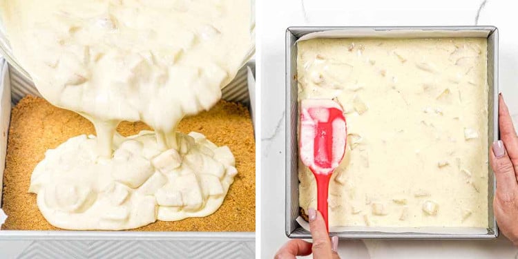 process shots showing how to pour apple pie cheesecake filling over crust.