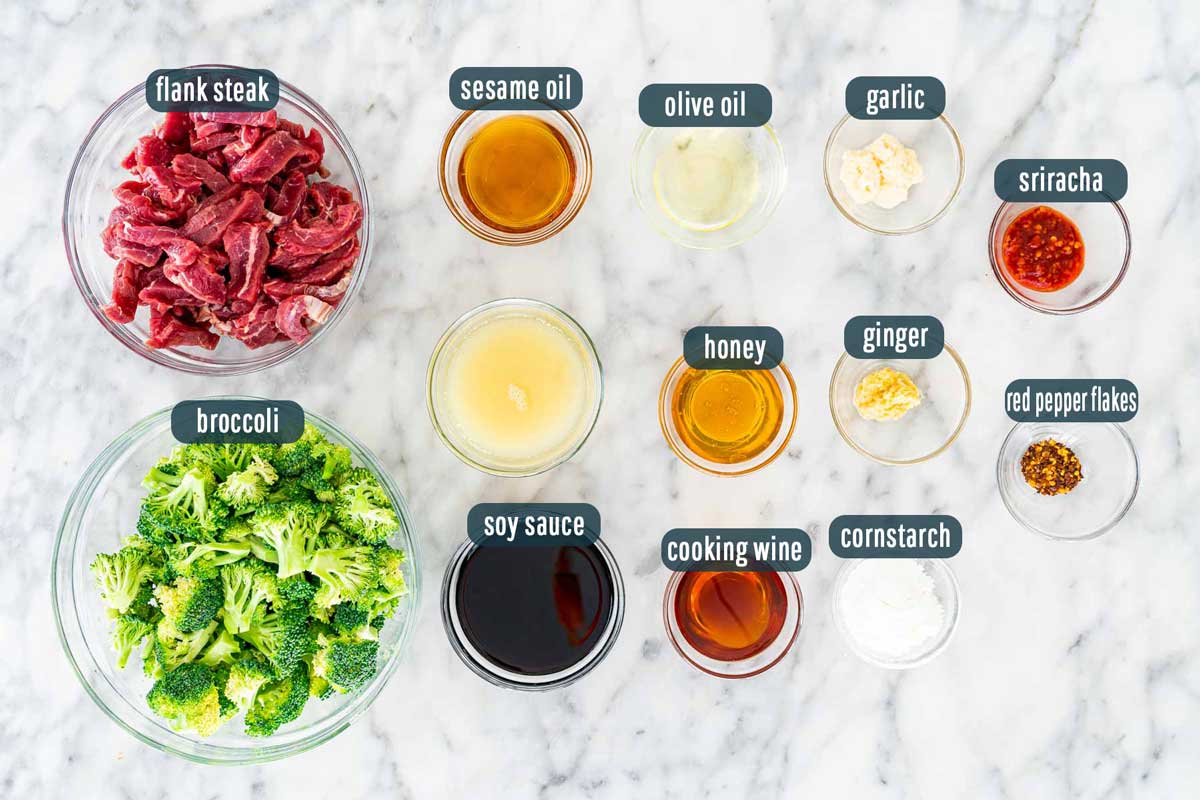 overhead shot of ingredients needed to make beef and broccoli