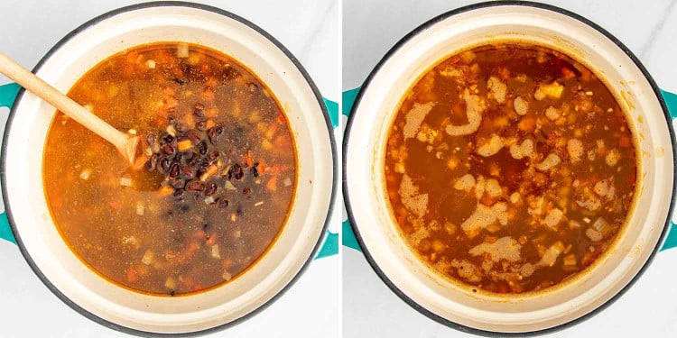 process shots showing how to make black bean soup.