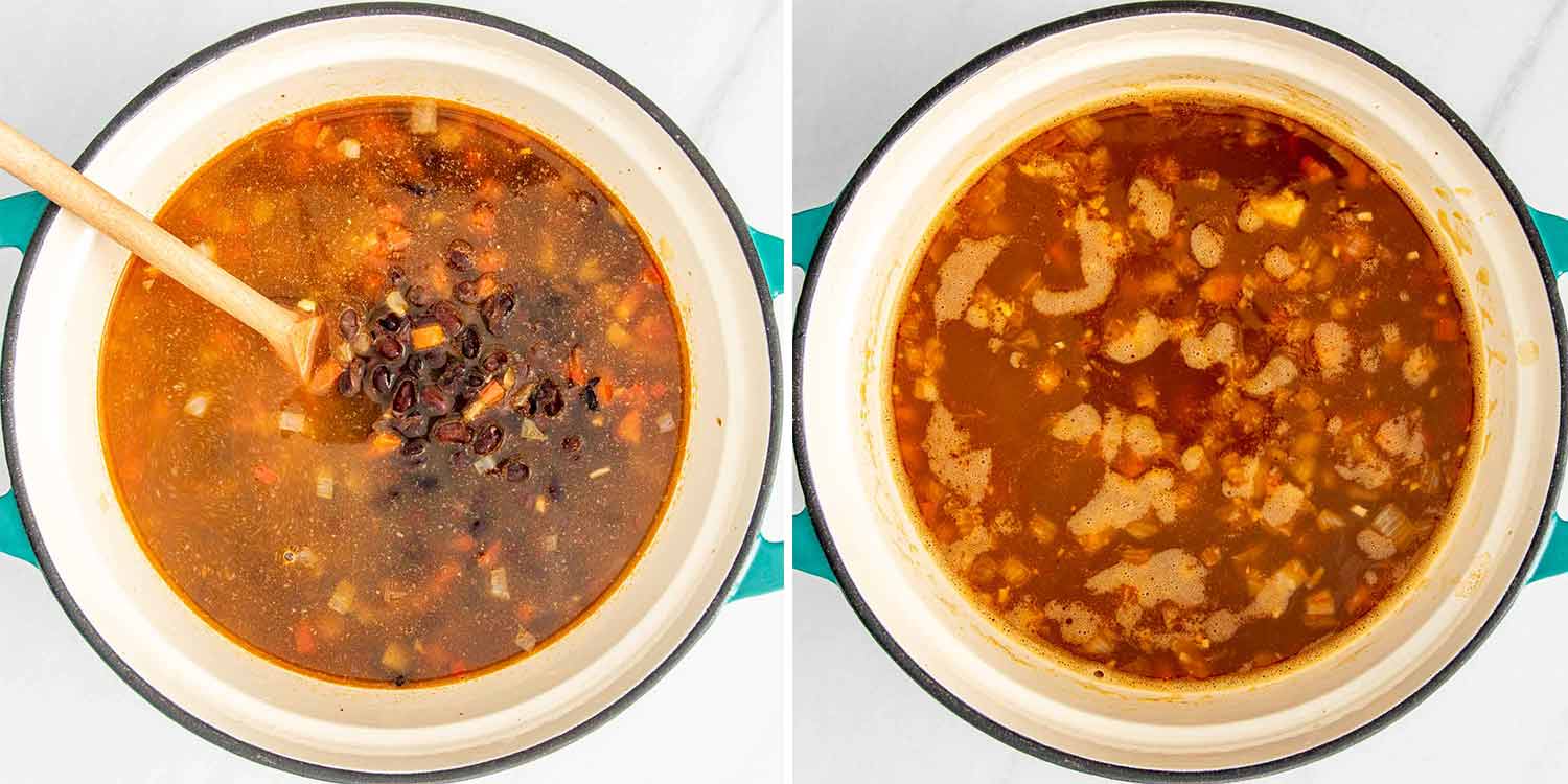 process shots showing how to make black bean soup.