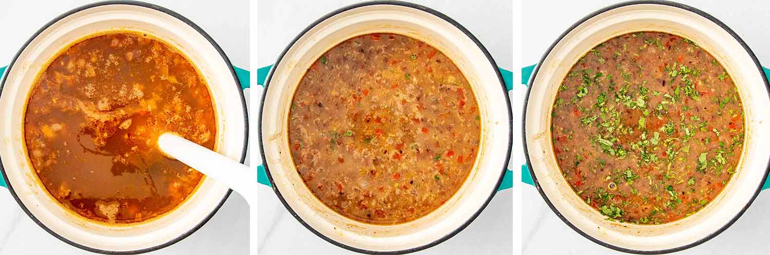 process shots showing how to make black bean soup.