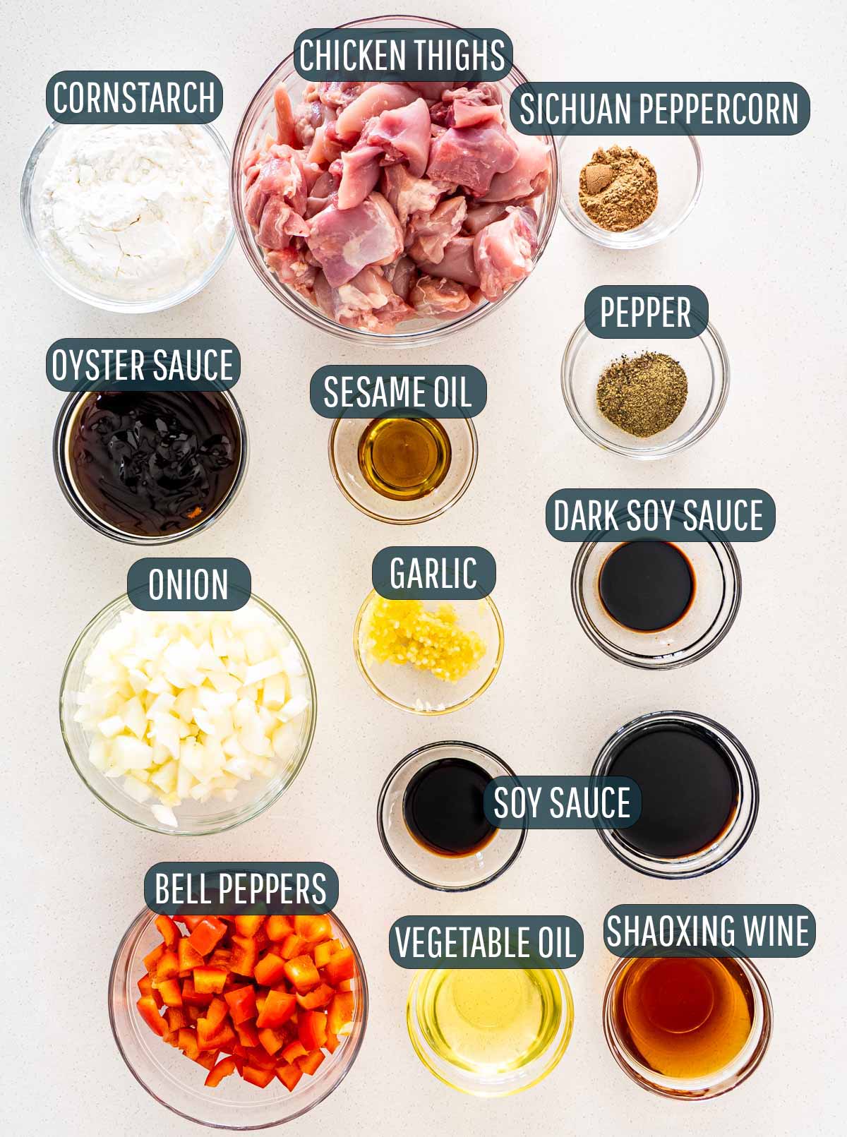 overhead shot of ingredients needed to make black pepper chicken.