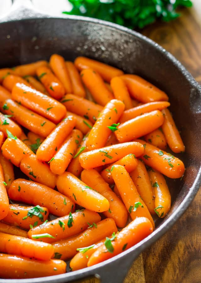 brandy glazed carrots in a skillet