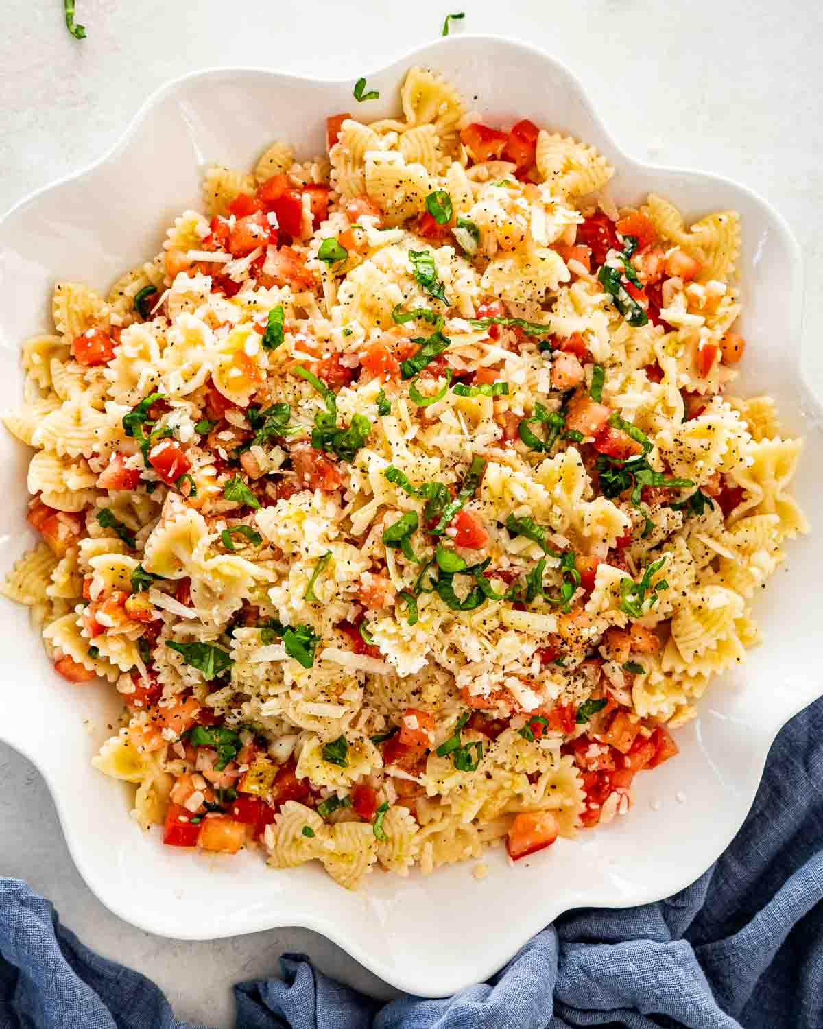 bruschetta pasta in a white serving bowl.