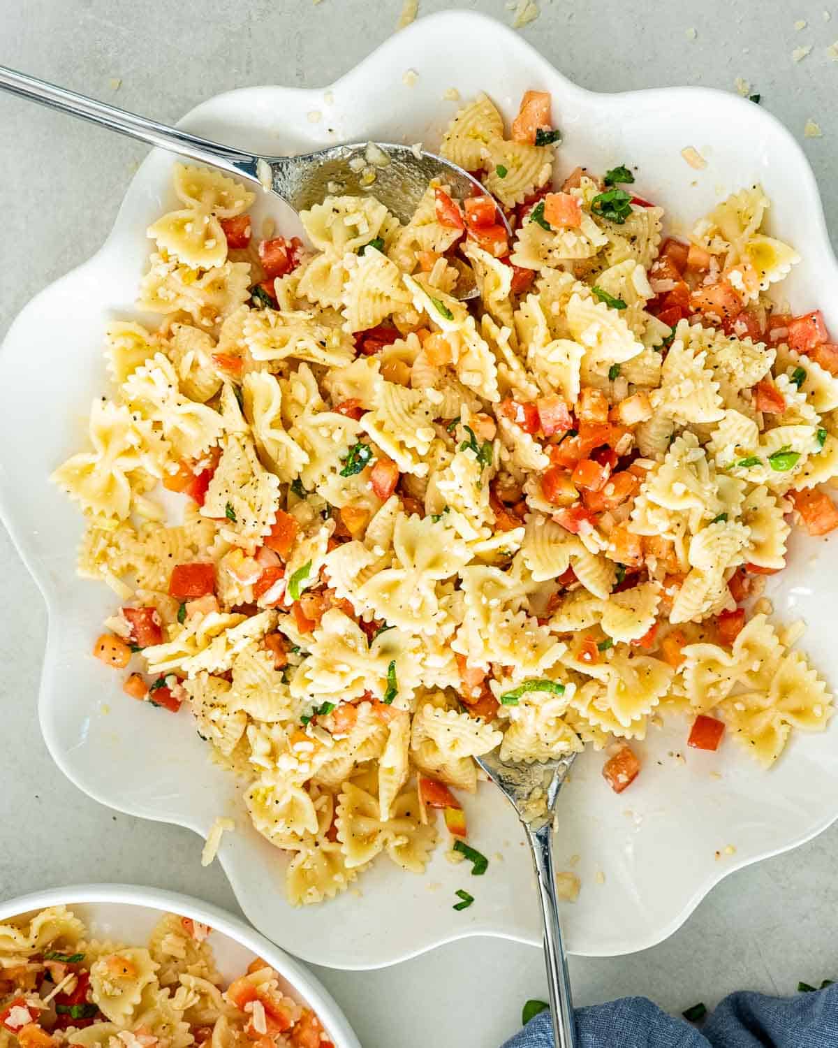 bruschetta pasta in a white serving bowl.