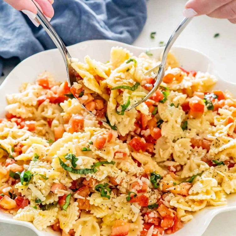 bruschetta pasta in a white serving bowl.