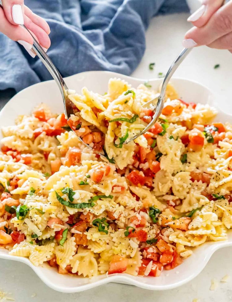 bruschetta pasta in a white serving bowl.
