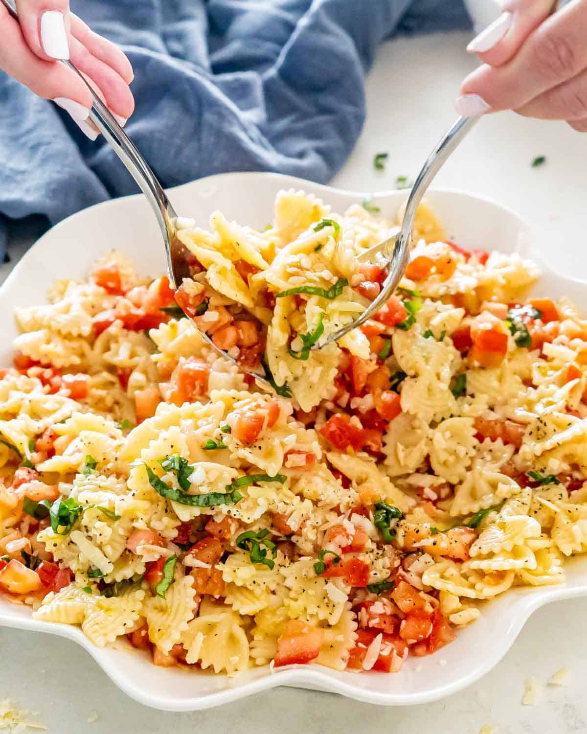 bruschetta pasta in a white serving bowl.