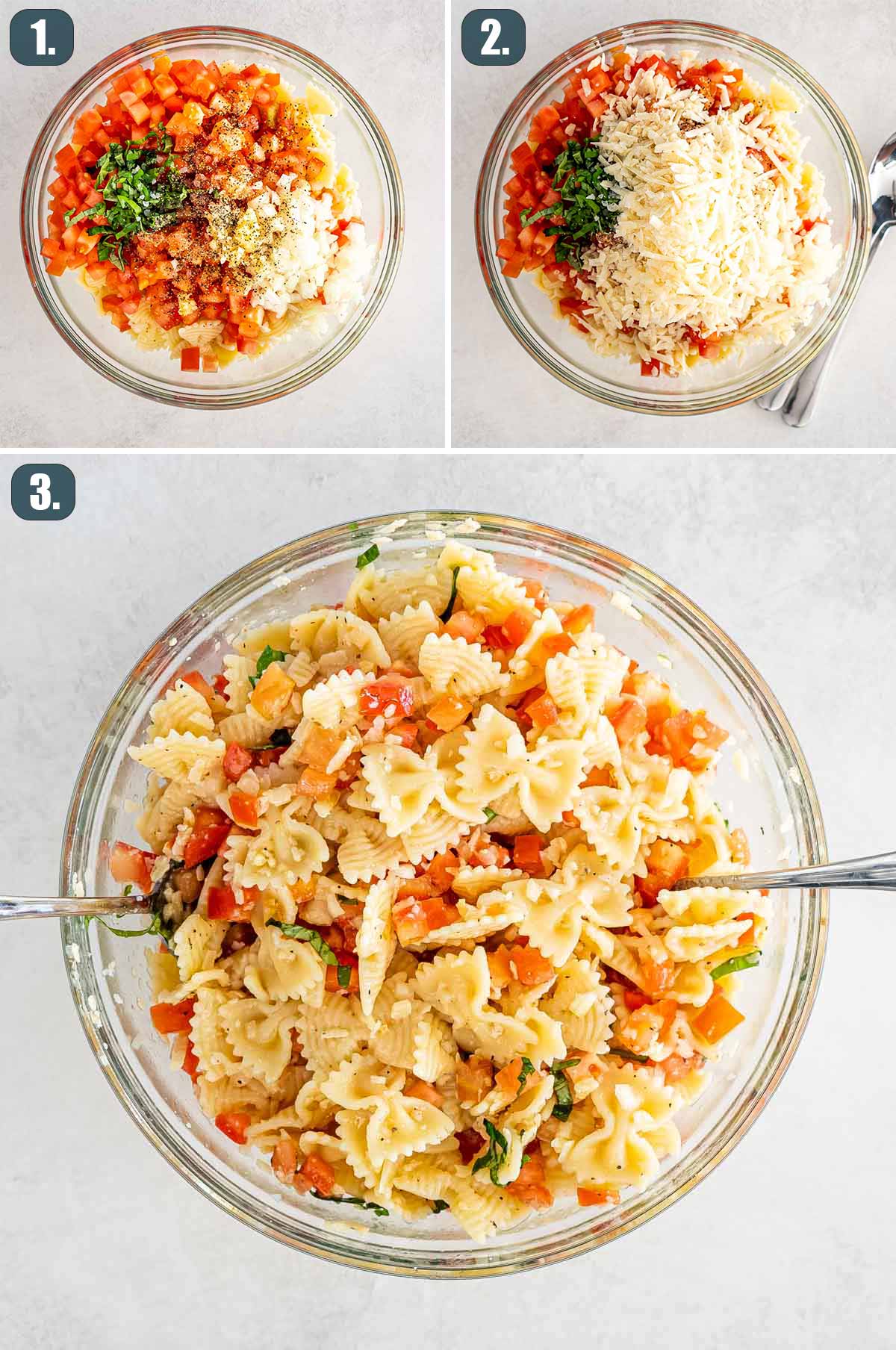 process shots showing how to make bruschetta pasta.