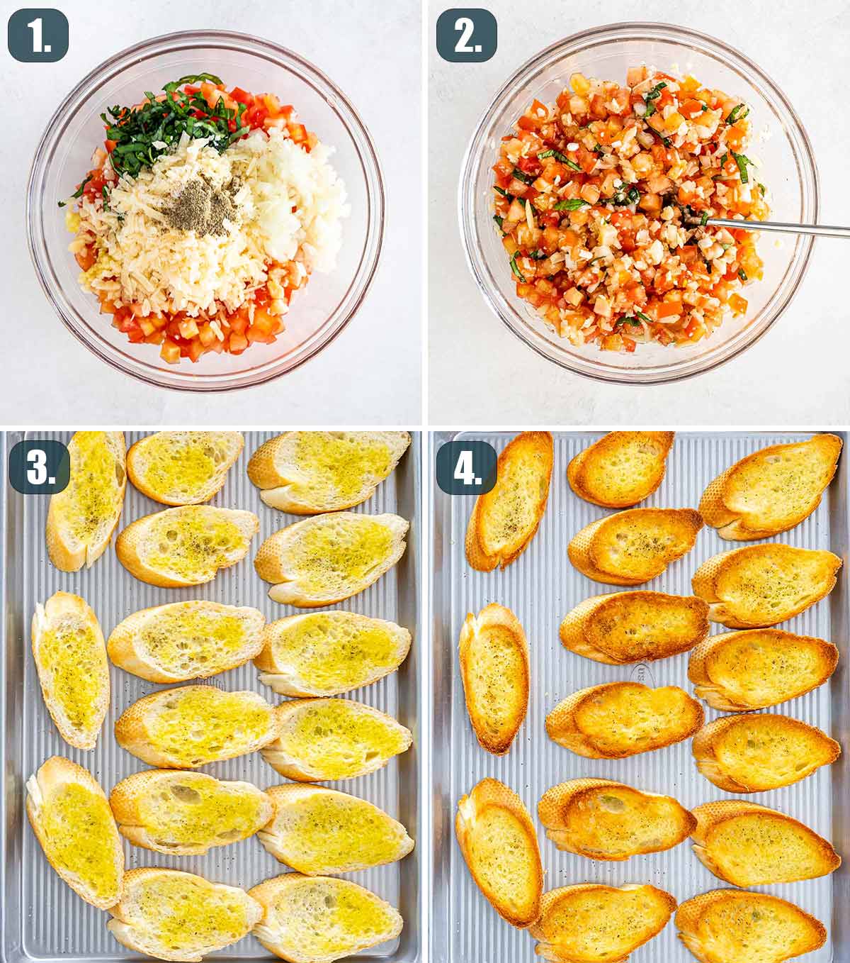 process showing how to make easy bruschetta with toasted baguette.
