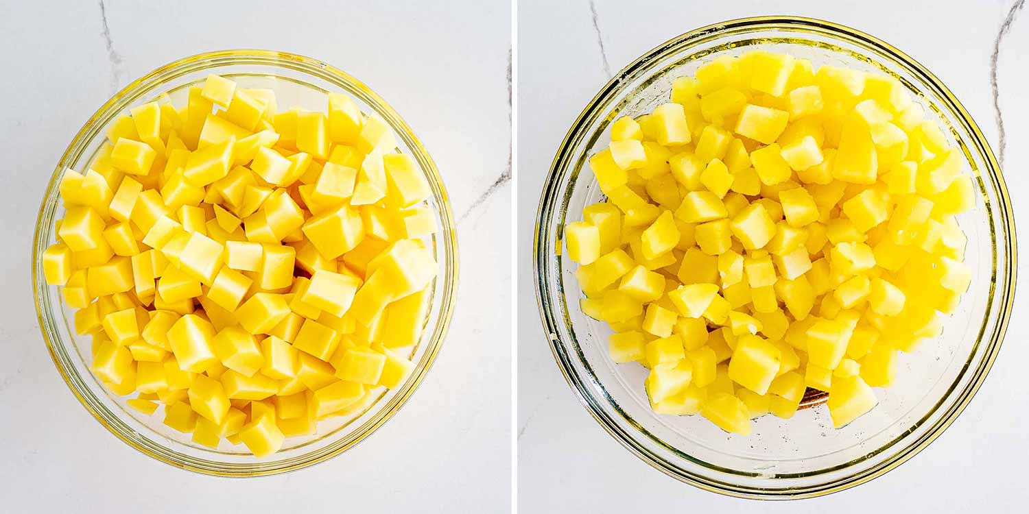 process shots showing how to make cheesy mashed potatoes.