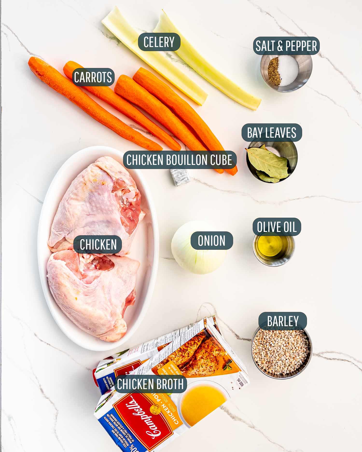 ingredients needed to make chicken barley soup.