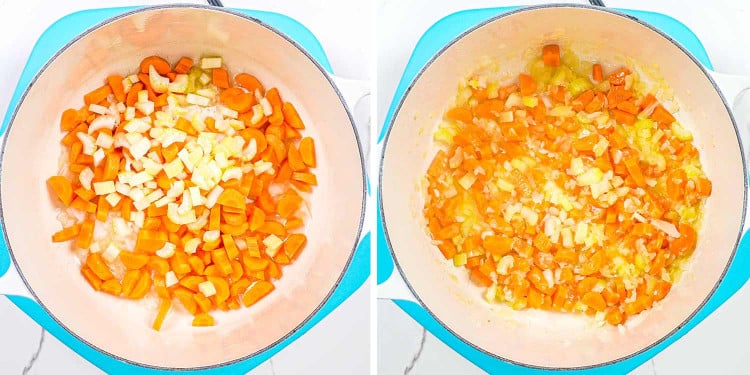 process shots showing how to make chicken barley soup.