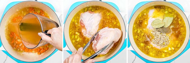 process shots showing how to make chicken barley soup.