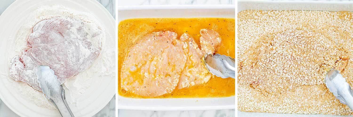 process shots showing how to make chicken parmesan.