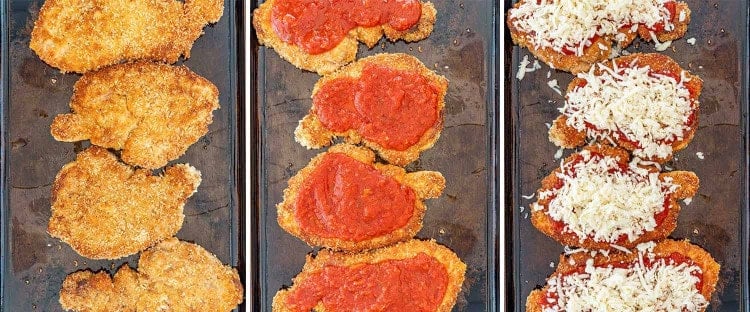 process shots showing how to make chicken parmesan.