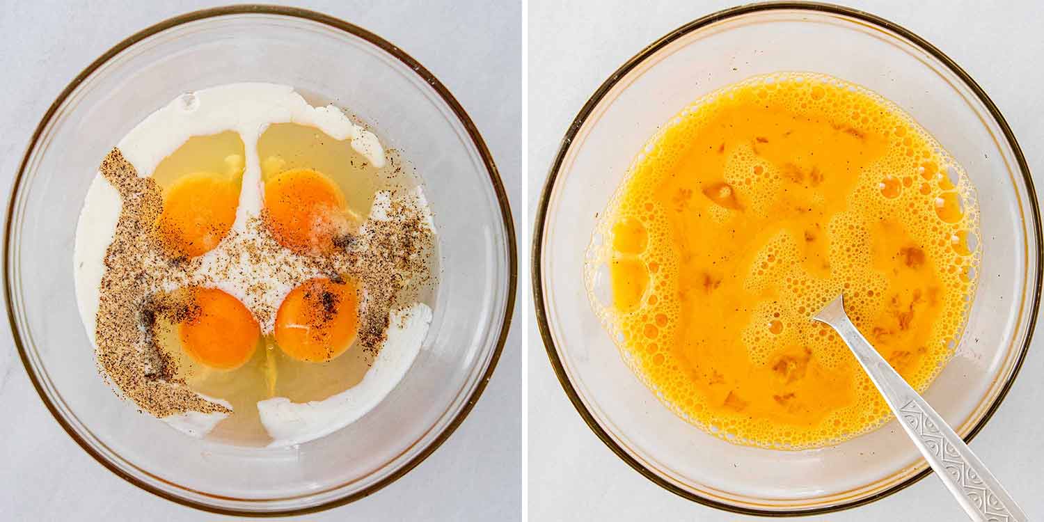 process shots showing how to make a denver omelette.