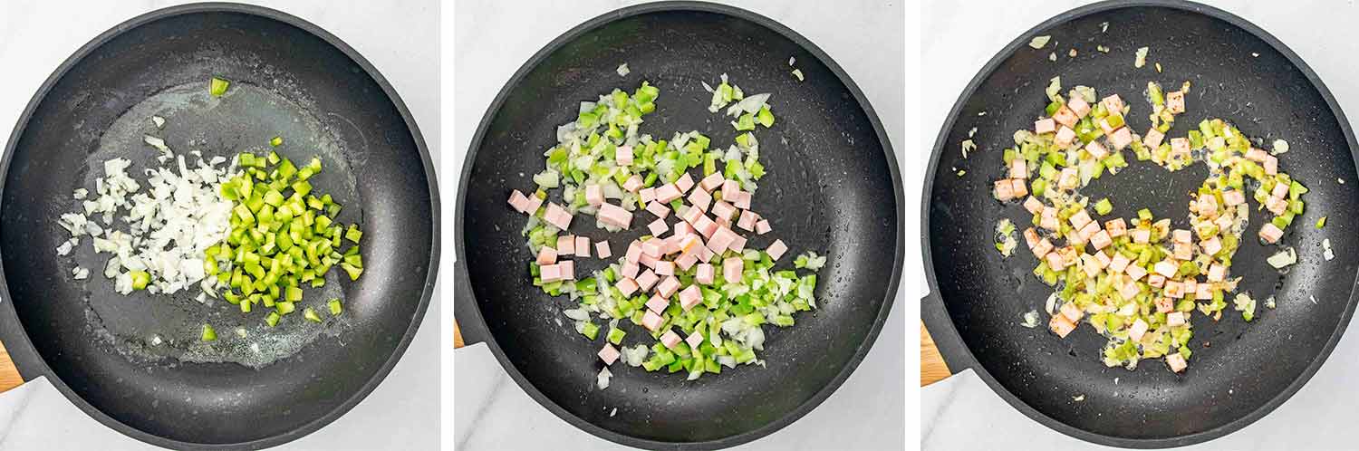 process shots showing how to make a denver omelette.
