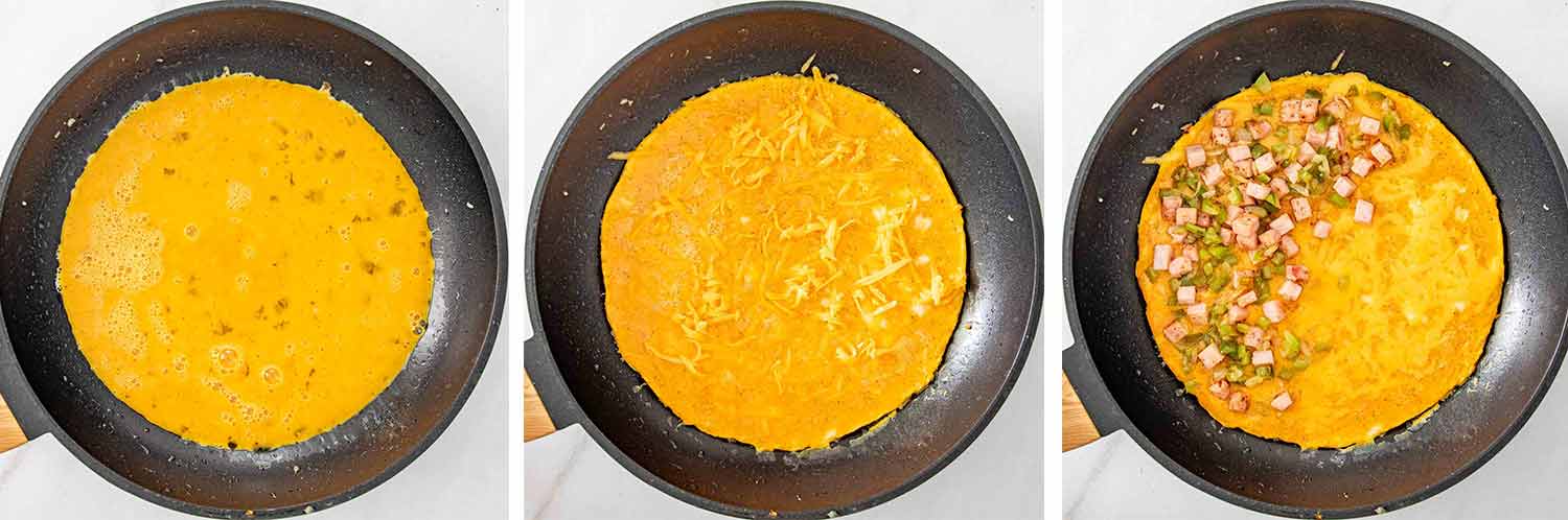 process shots showing how to make a denver omelette.