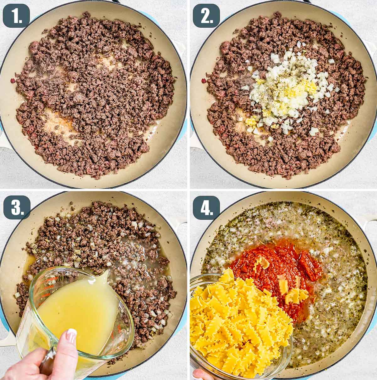 process shots showing how to make one pot hamburger helper lasagna.