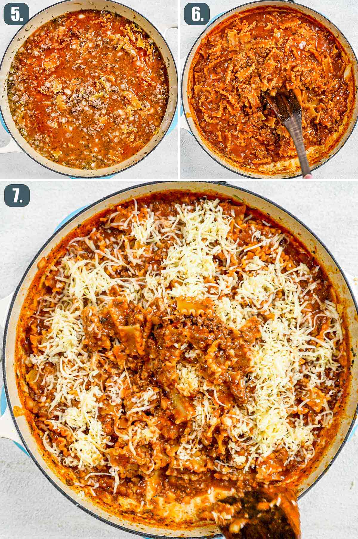 process shots showing how to cook hamburger helper lasagna in one pot.