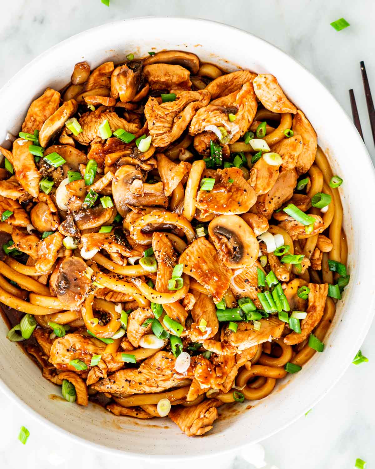 overhead shot of hoisin chicken udon noodles in a white bowl garnished with green onions