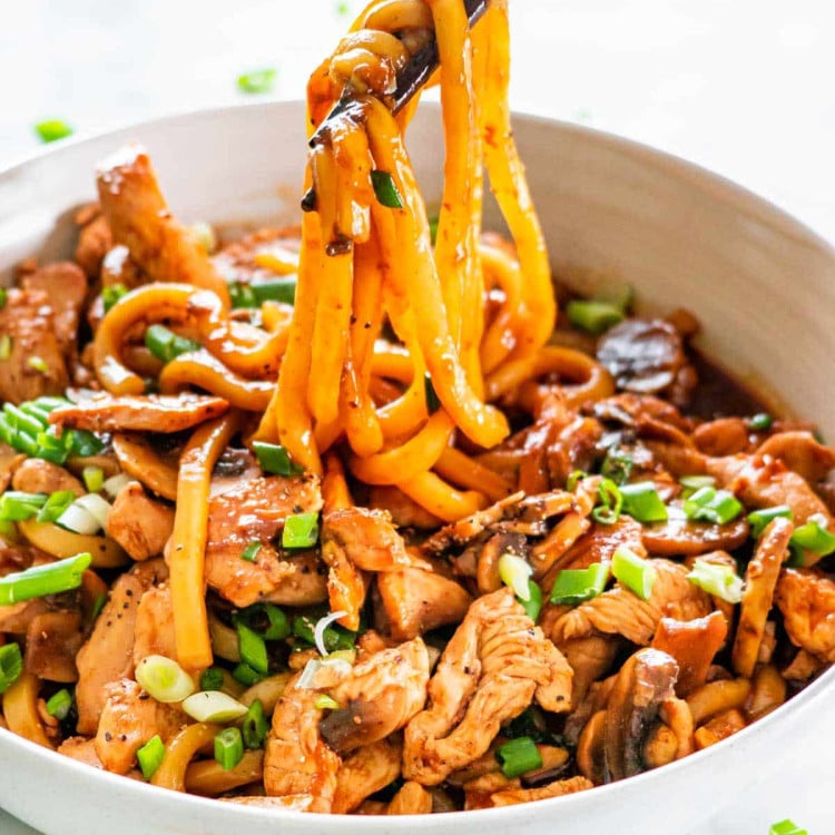 a hand pulling up some noodles with chop sticks from a plate full of hoisin chicken with udon noodles