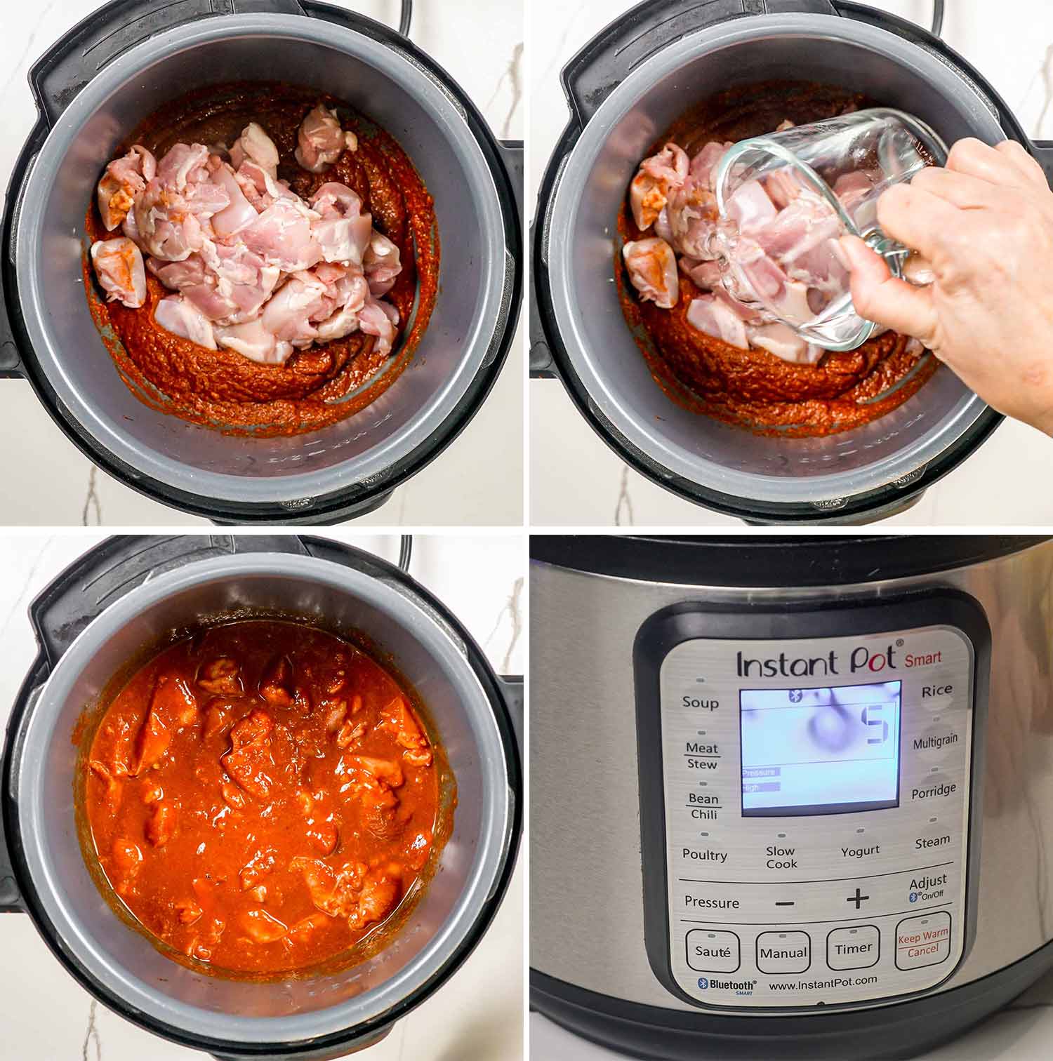 process shots showing how to make butter chicken in the instant pot.