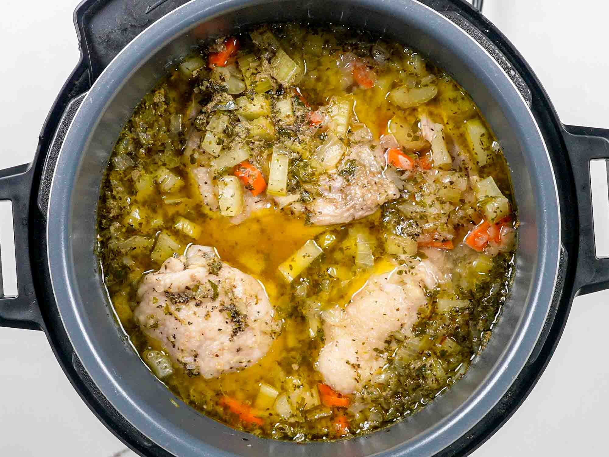 process shots showing how to make chicken noodle soup in an instant pot.
