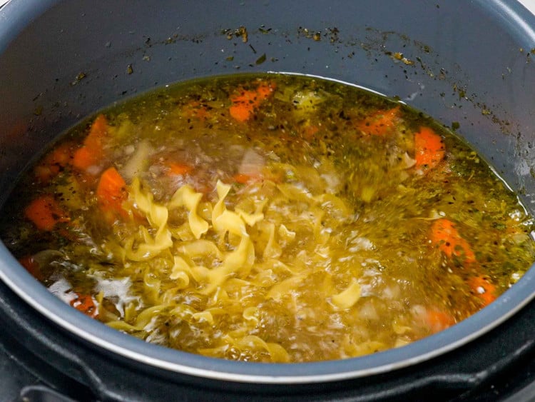 process shots showing how to make chicken noodle soup in an instant pot.