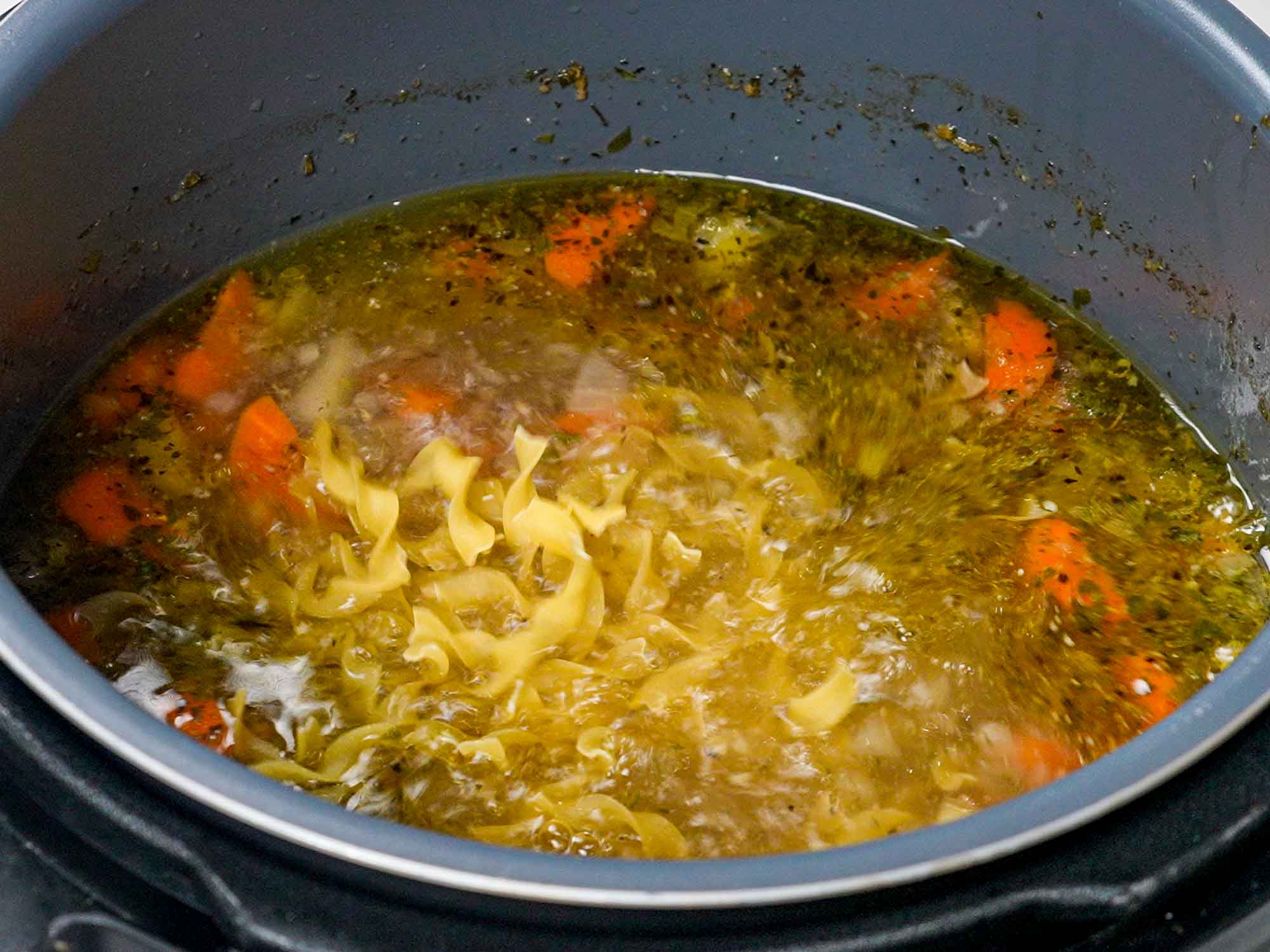 process shots showing how to make chicken noodle soup in an instant pot.