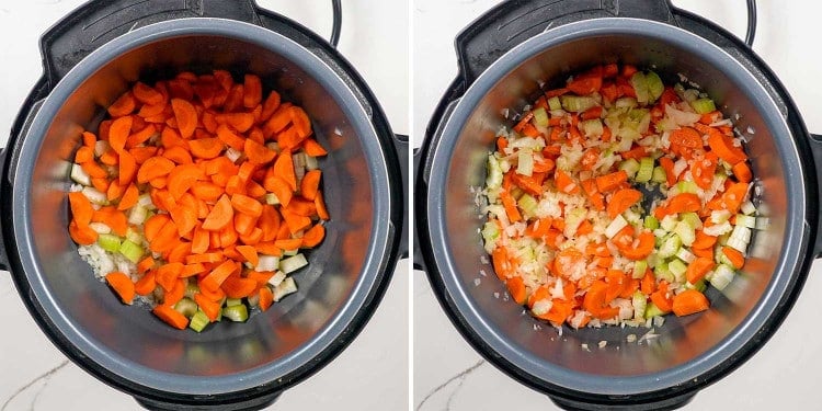 process shots showing how to make chicken noodle soup in an instant pot.