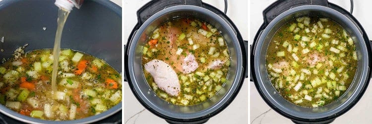 process shots showing how to make chicken noodle soup in an instant pot.
