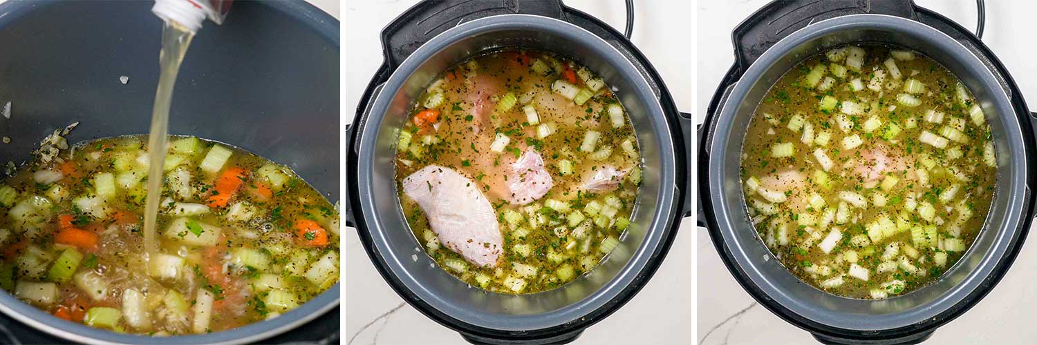 process shots showing how to make chicken noodle soup in an instant pot.