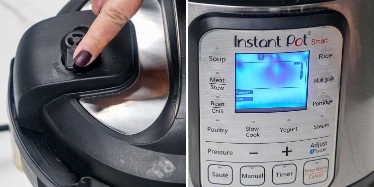 process shots showing how to make chicken noodle soup in an instant pot.