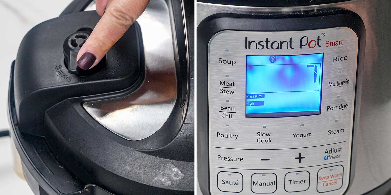 process shots showing how to make chicken noodle soup in an instant pot.