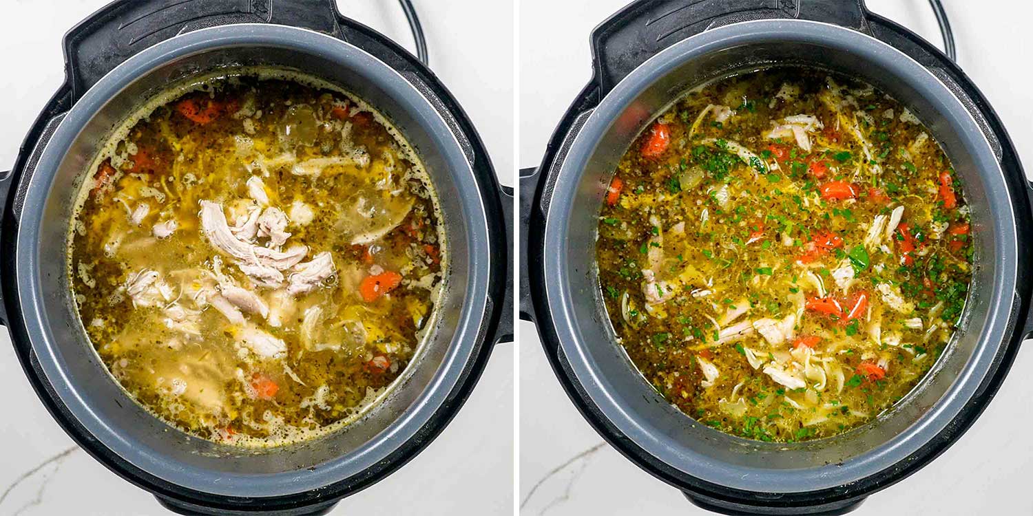 process shots showing how to make chicken noodle soup in an instant pot.