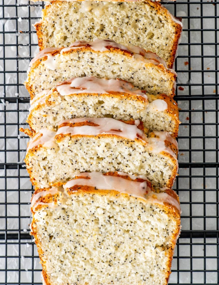 overhead shot of slices of lemon poppy seed bread