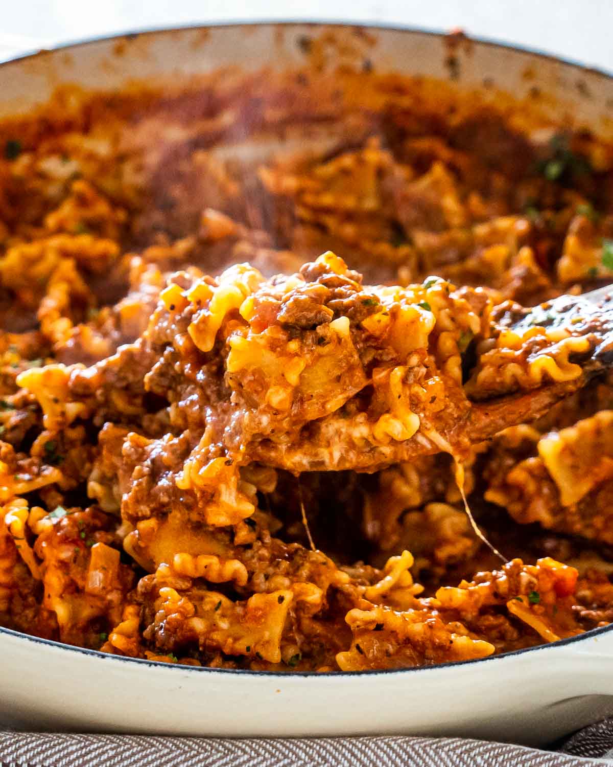 homemade hamburger helper lasagna from scratch in a skillet.