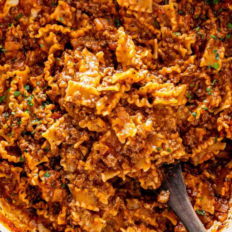 homemade hamburger helper lasagna from scratch in a skillet.