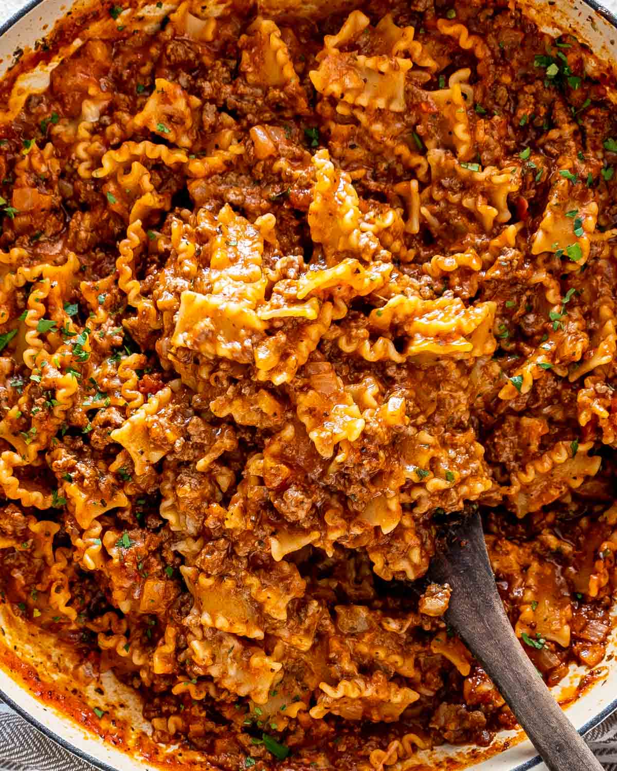 homemade hamburger helper lasagna from scratch in a skillet.