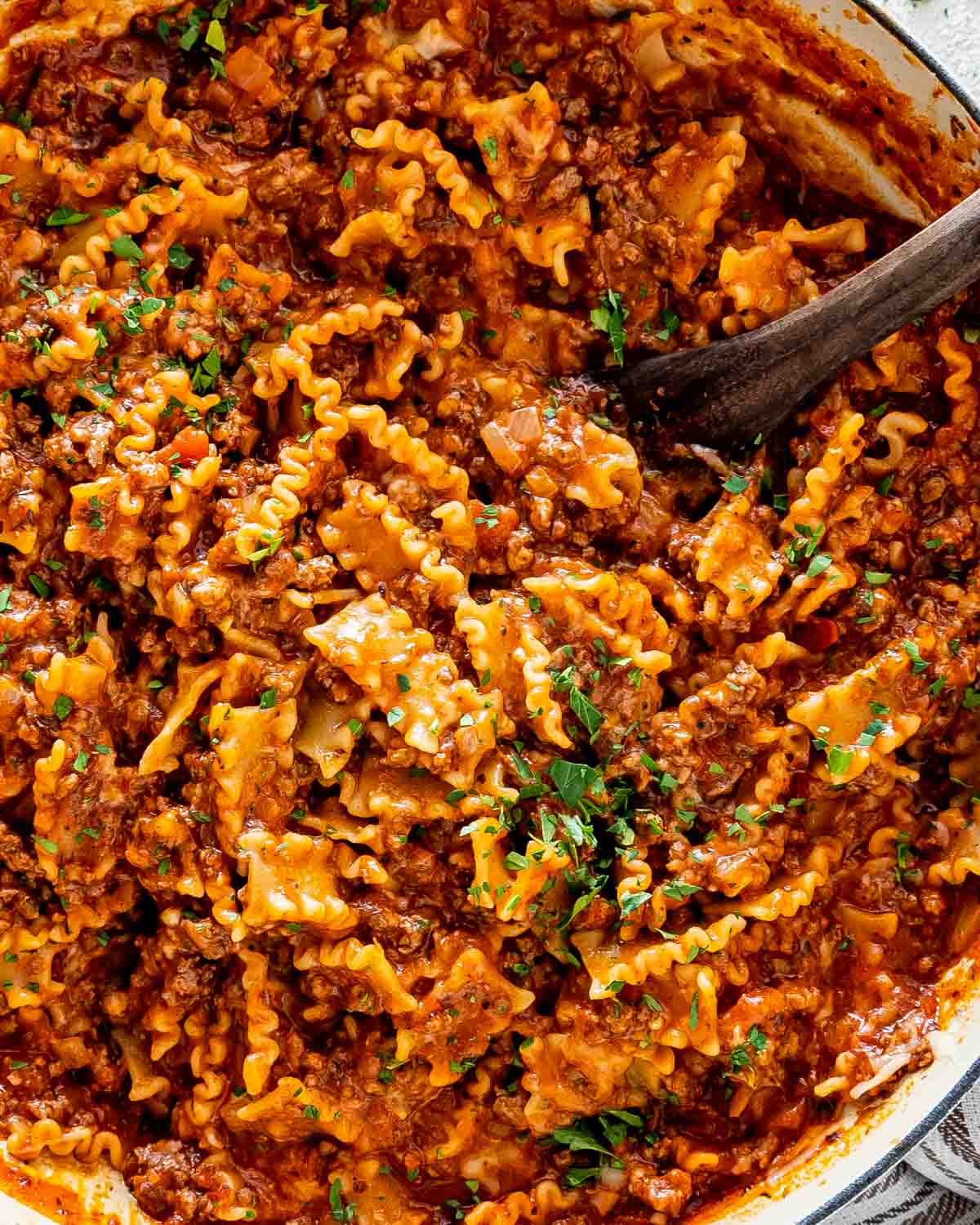 homemade hamburger helper lasagna from scratch in a skillet.
