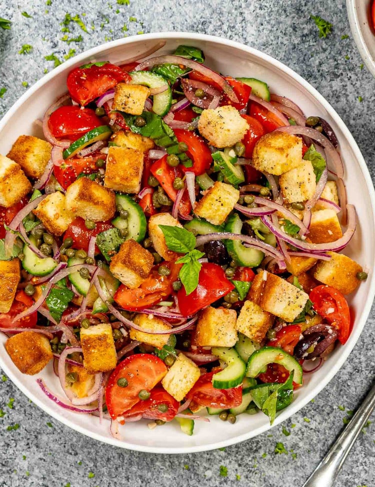 freshly made panzanella salad in a bowl.