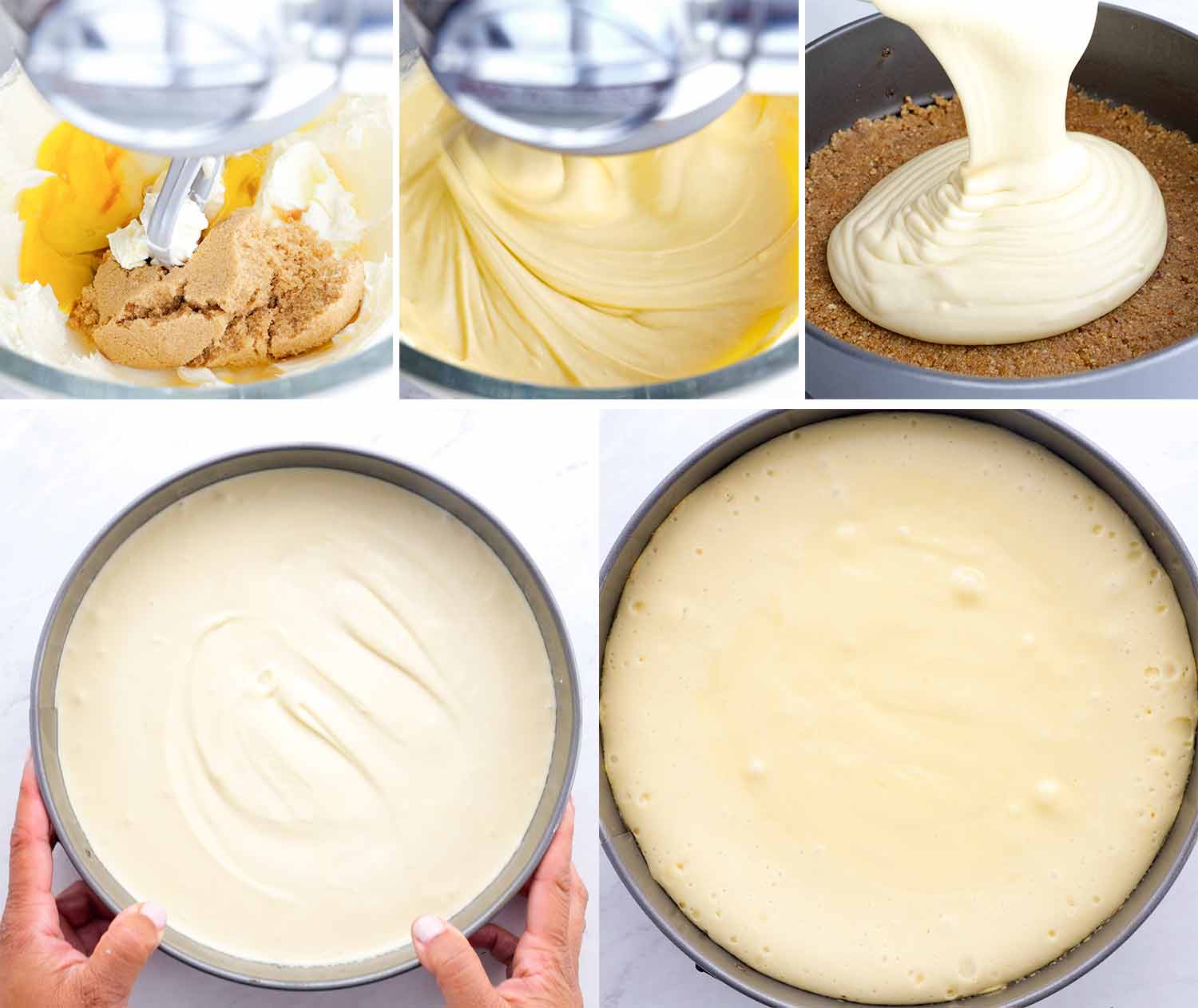 process shots showing how to make pecan pie cheesecake.