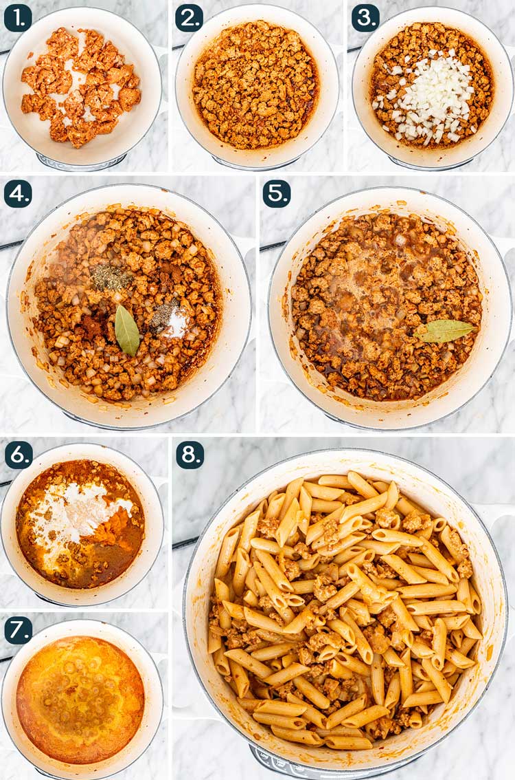 process shots showing how to make pumpkin sausage pasta